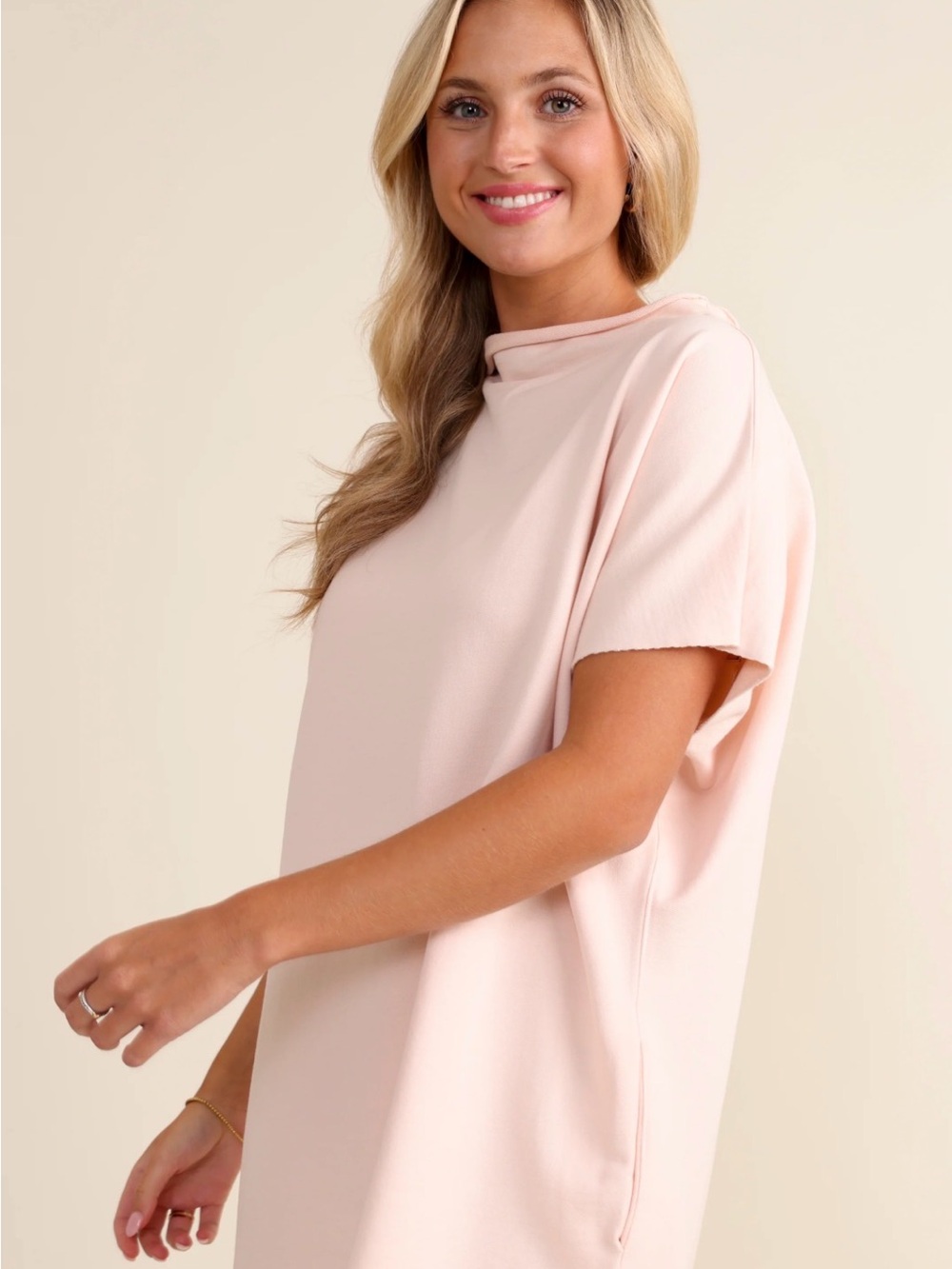 NWT!! Les Marais Gibson Dress Mock Neck Short Sleeve dress in Blush Pink